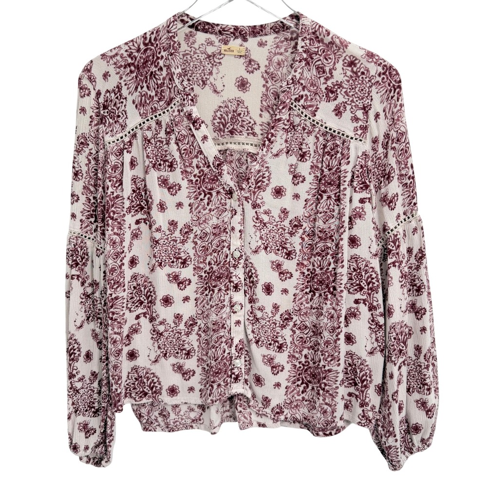 Hollister Floral Paisley Boho Blouse Size S Crochet Peasant Top Burgundy Hippie